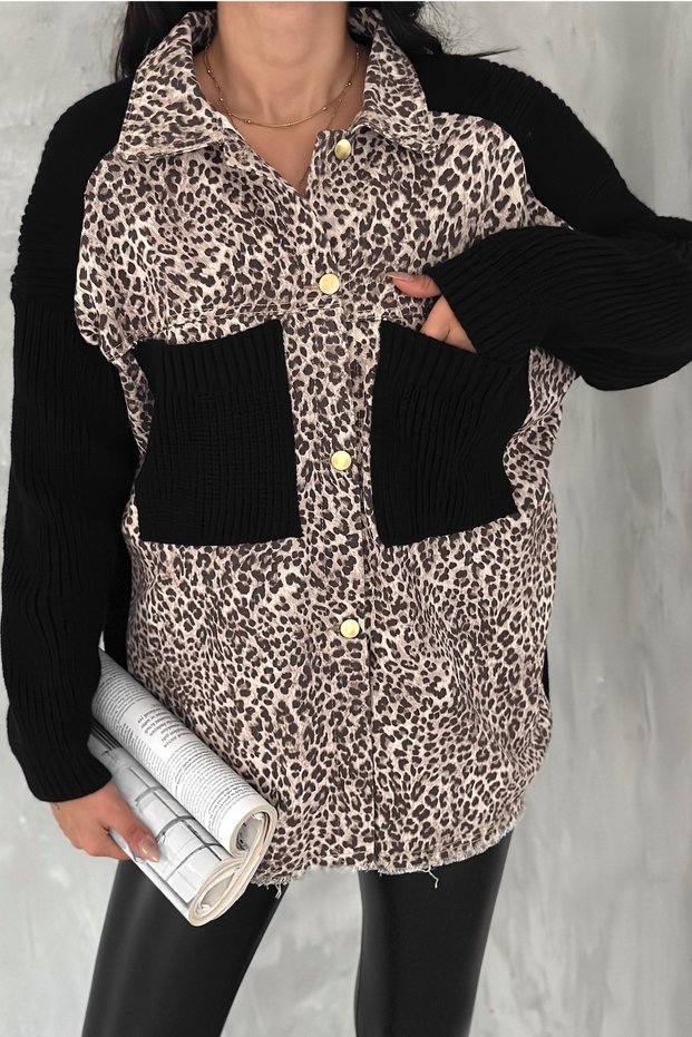 Women's Standard Size Leopard Print Oversize Denim Jeans Garnished Cardigan with Sleeves and Pocket Knitwear
