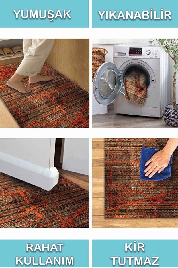 Riley Desenli Pamuk Tabanlı Yıkanabilen Kaydırmaz Antibakteriyel Şönil Salon Halısı - 5