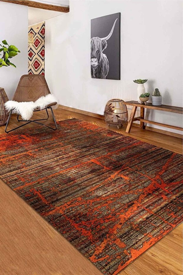 Riley Desenli Pamuk Tabanlı Yıkanabilen Kaydırmaz Antibakteriyel Şönil Salon Halısı - 2