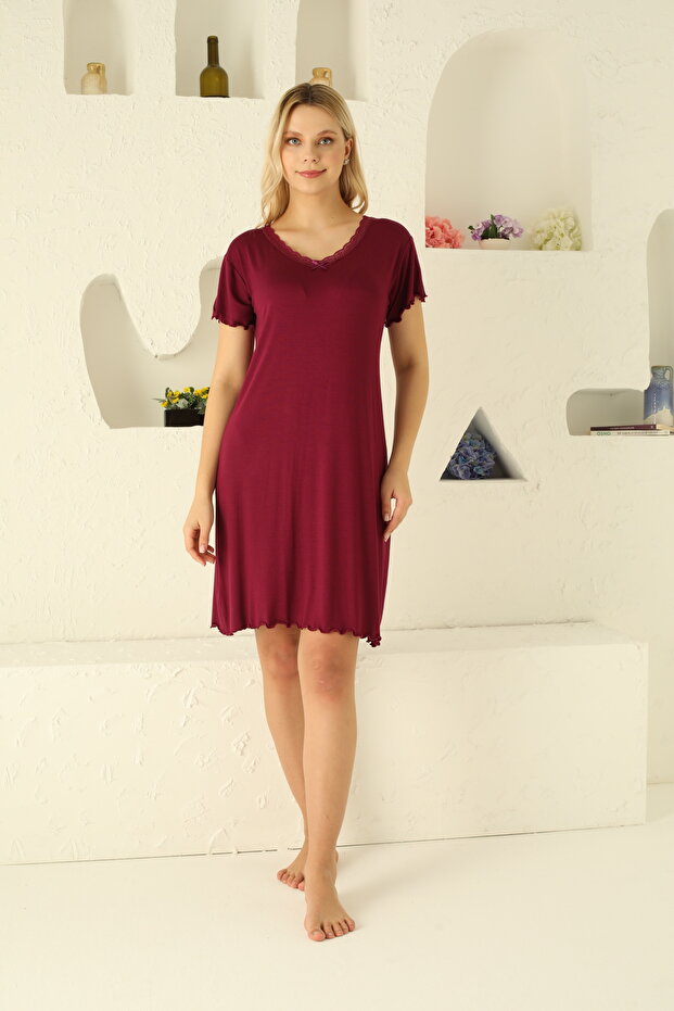 Women's Lapel Lace Short Sleeve Plus Size Burgundy Combed Nightgown