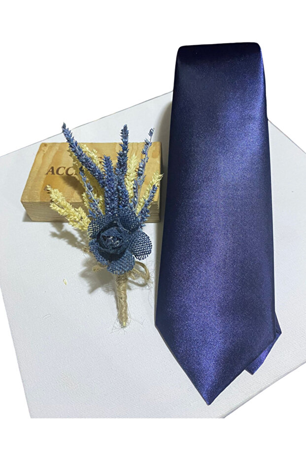 Set of Dark Blue Satin Tie Pocket Handkerchief and Boutonniere