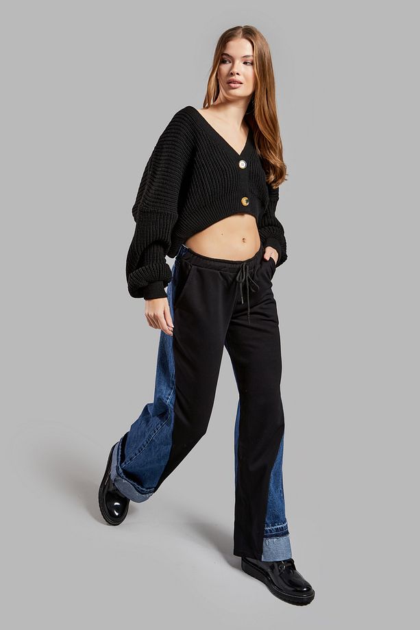 Kadın Kot Rengi 2w45 Örme Denim Parçalı Loose Fit Tasarım Pantolon - 7