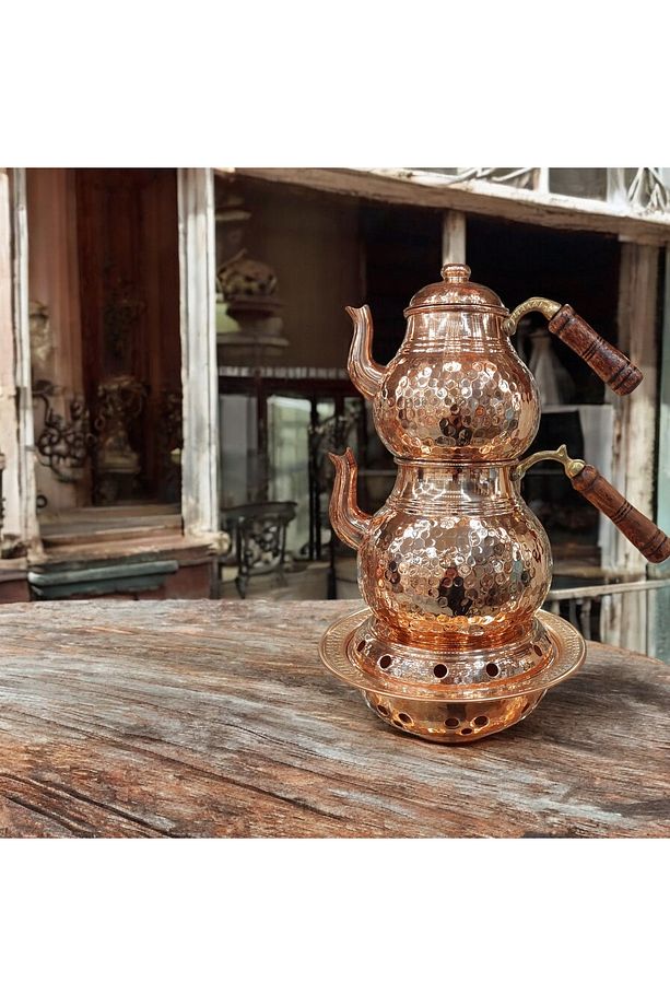 Bakır Çaydanlık Osmanlı Ocağı Bakır Demlik El Çekiç Dövme 2.80 Litre Kalın Bakır Aile Boy Çaydanlık - 6