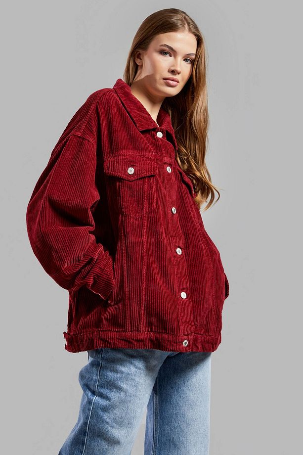 Kadın Bordo Renk Kalın Fitilli Kadife Kumaş Oversize Ceket - 6