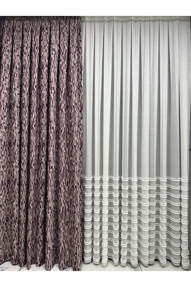 Plum Detailed Rose Dried Floor Background Curtain 1/3 Close Pleat