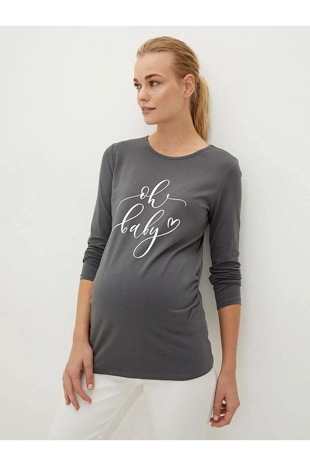 LCWAIKIKI Maternity Gri Bisiklet Yaka Baskılı Uzun Kollu Hamile Tişört - 3