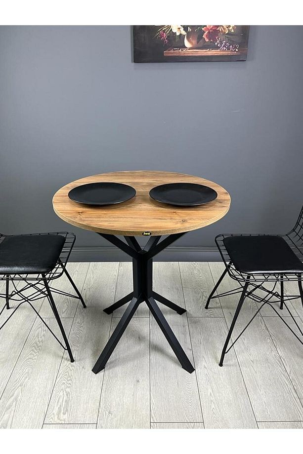 Nisa Ceviz Yuvarlak Mutfak Masası Yemek Masası Metal Siyah Ayak 70 Cm - 3