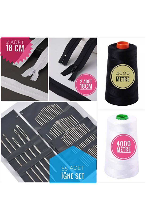 4Pcs 18cm Zip Black and White Needle Set - 4000 Meters Sewing Thread, 55 Pieces