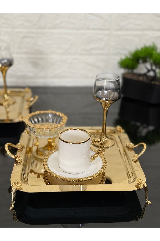 6 ADET Kahve & Çay & Sunum Tepsisi Gold Tepsi Gül Ayaklı ve Kulplu - 1