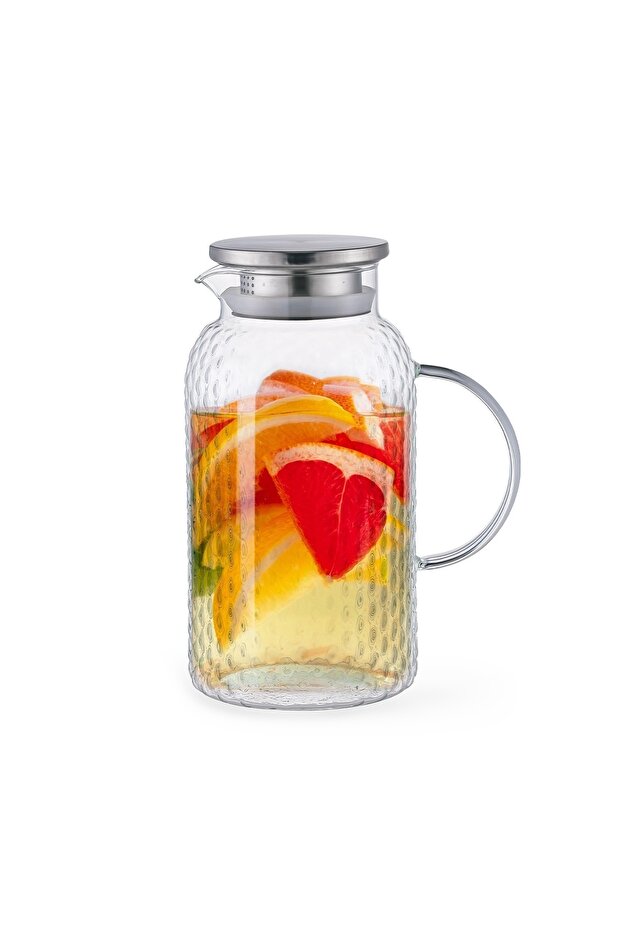 Embossed Glass Pitcher 1800mL with Stainless Steel Silicone Sealed Lid, Borosilicate Glass