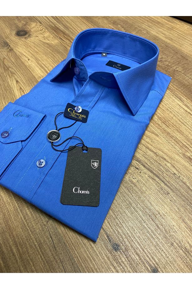 SlimFit Kolay Ütülenelebilir Koyu Mavi Poplin Uzun Yaka Gömlek - 5
