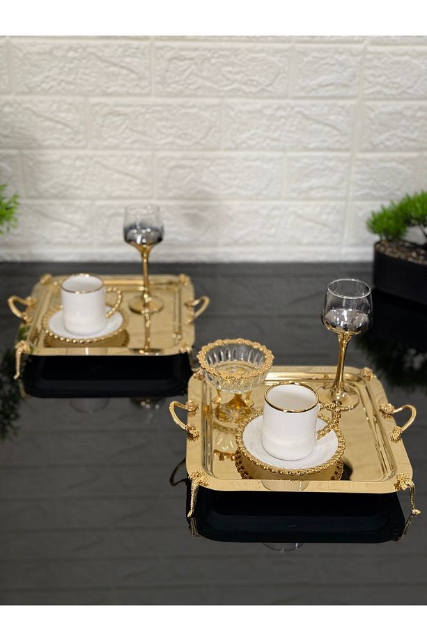 6 ADET Kahve & Çay & Sunum Tepsisi Gold Tepsi Gül Ayaklı ve Kulplu - 7