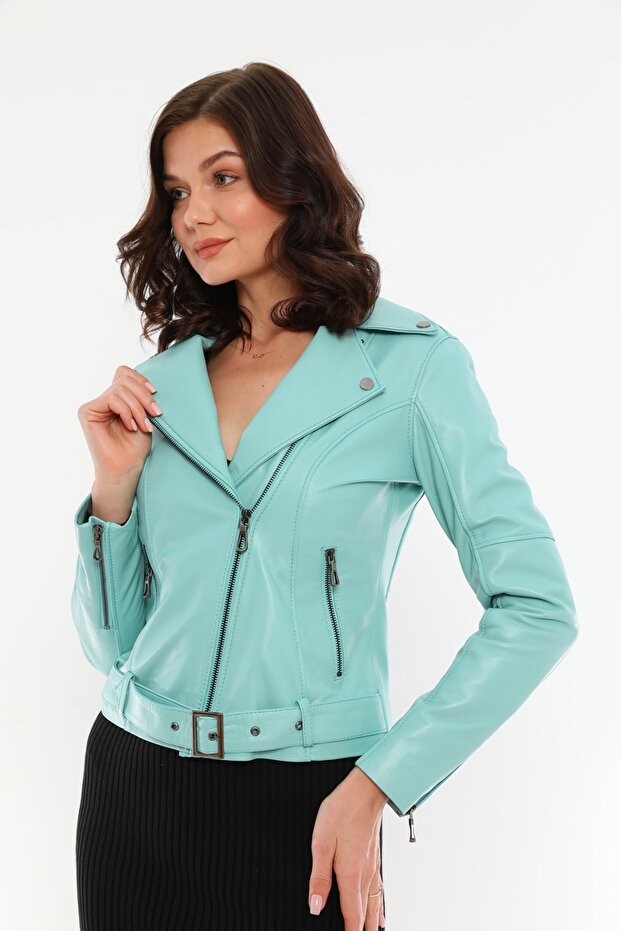 Kadın Mint Deri Ceket - 5