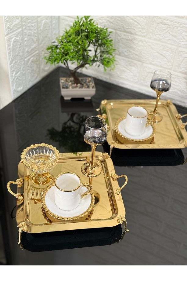2 ADET Kahve & Çay & Sunum Tepsisi Gold Tepsi Gül Ayaklı ve Kulplu - 7