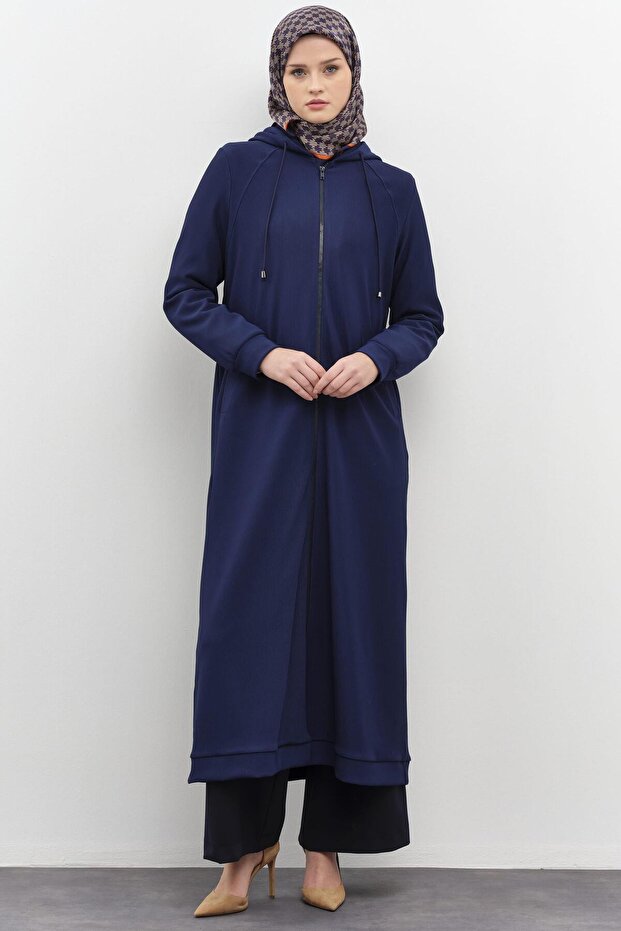 Kapüşonlu Fermuar Kapamalı Örme Ferace - Lacivert - 2
