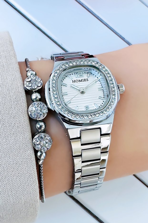 Original Rhinestone Women Wristwatch 3 Atm Waterproof Silver Color Steel Band Bracelet Hmby2030C4