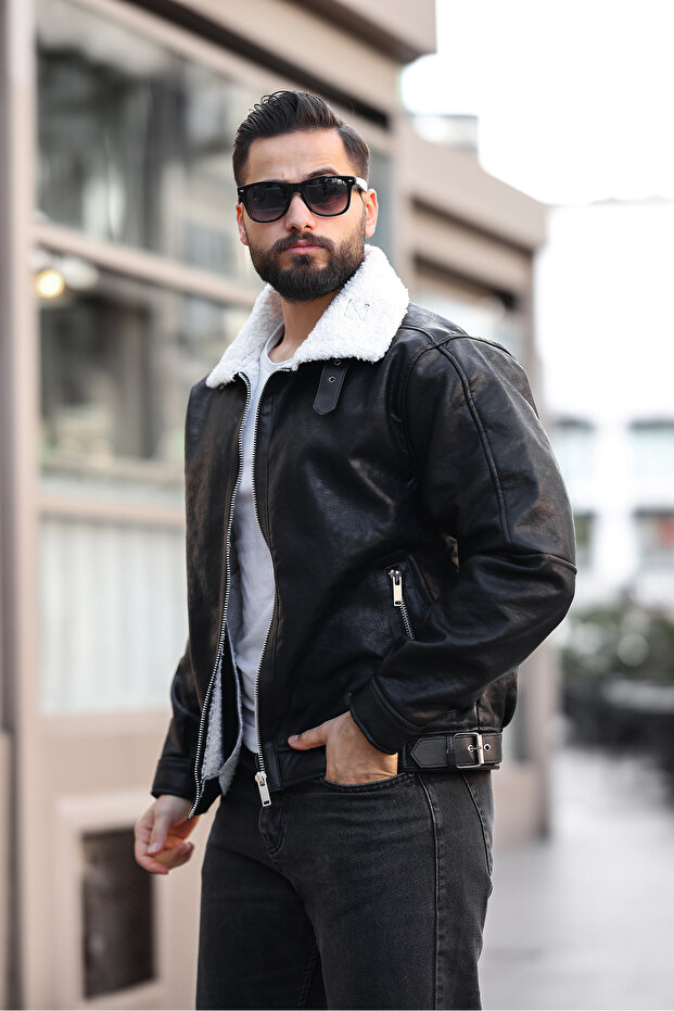 معطف جلدي مع فرو من الداخل - 5