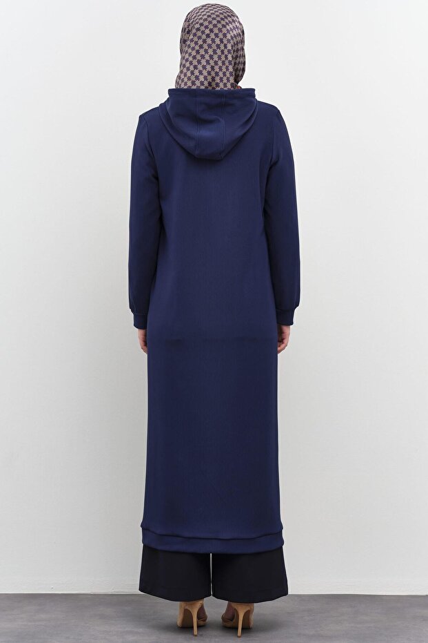 Kapüşonlu Fermuar Kapamalı Örme Ferace - Lacivert - 4