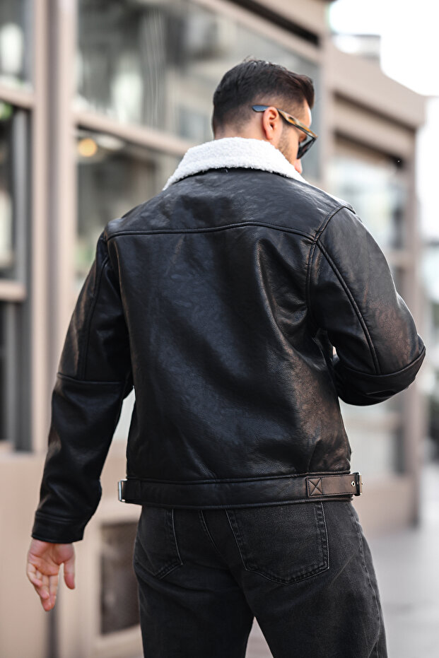 معطف جلدي مع فرو من الداخل - 4