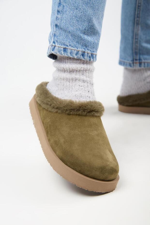 (Jana Furry) Women's Genuine Leather Flat Platform Khaki Slippers