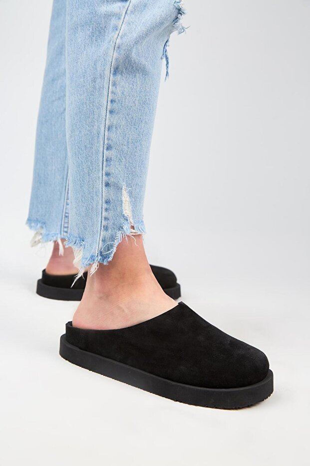 (Jana) Women's Genuine Leather Flat Platform Black Slippers