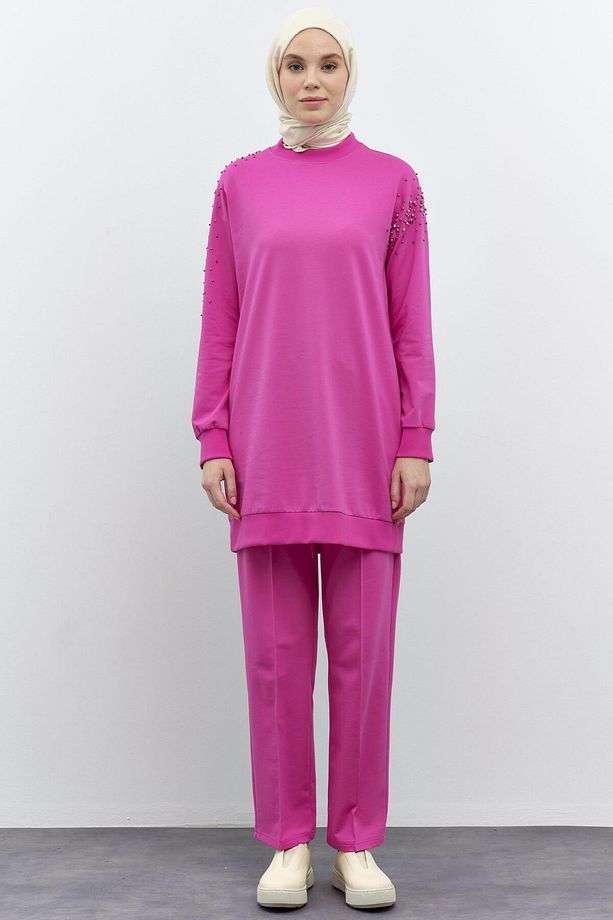 Kollar Taş Detaylı Tunik Pantolon Takım - Fuşya - 6