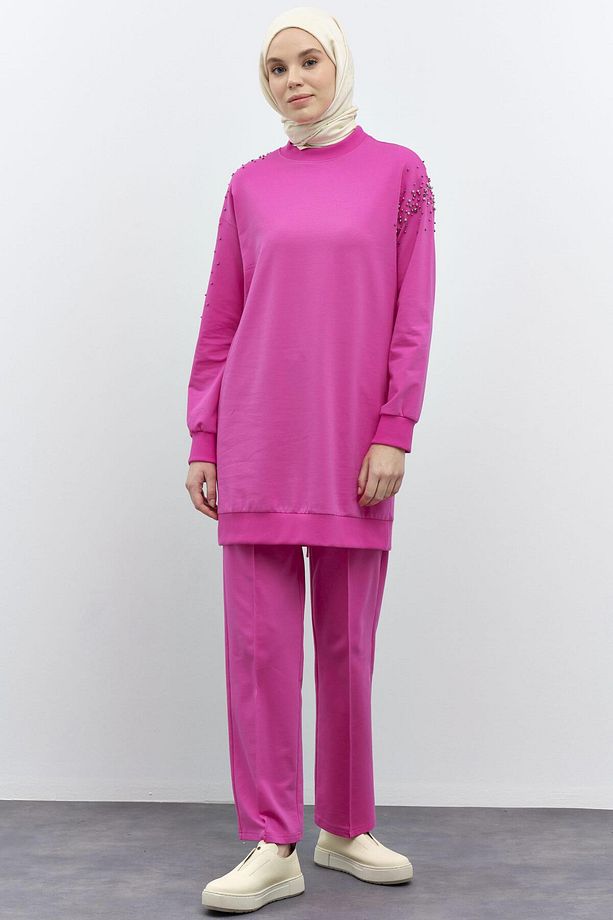 Kollar Taş Detaylı Tunik Pantolon Takım - Fuşya - 3