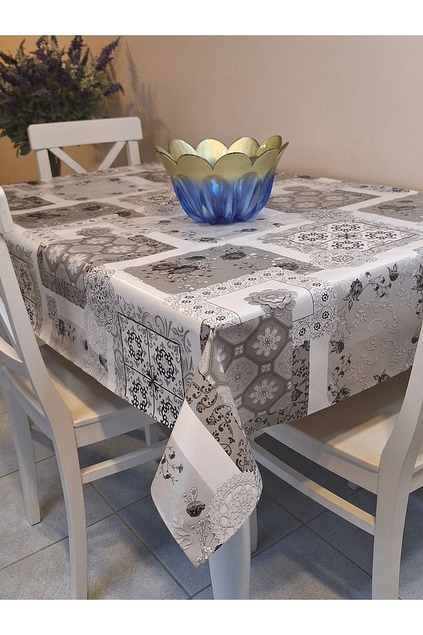 Elyaflı Pvc Muşamba - Desenli Silinebilir Masa Örtüsü ( GRİ ) - 1