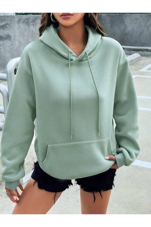 Kapüşonlu Basic Sweatshirt Mint Yeşili - 6
