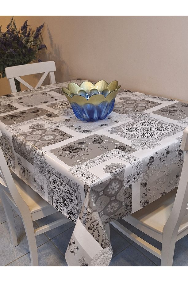 Elyaflı Pvc Muşamba - Desenli Silinebilir Masa Örtüsü ( GRİ ) - 2