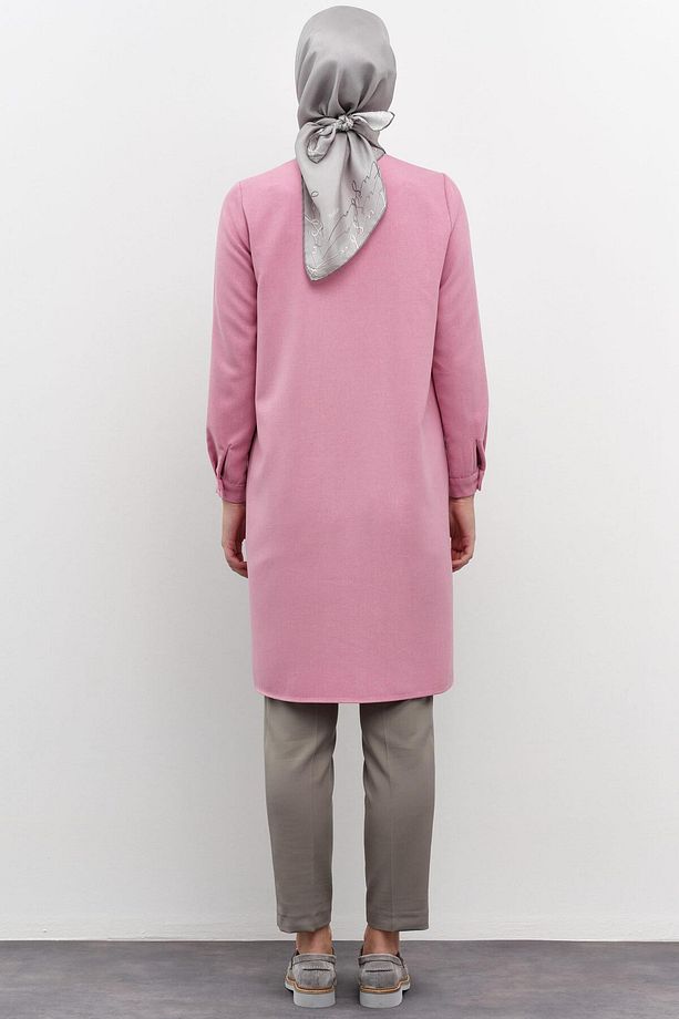 Aplike Nakışlı Yırtmaçlı Tunik - Pembe - 7