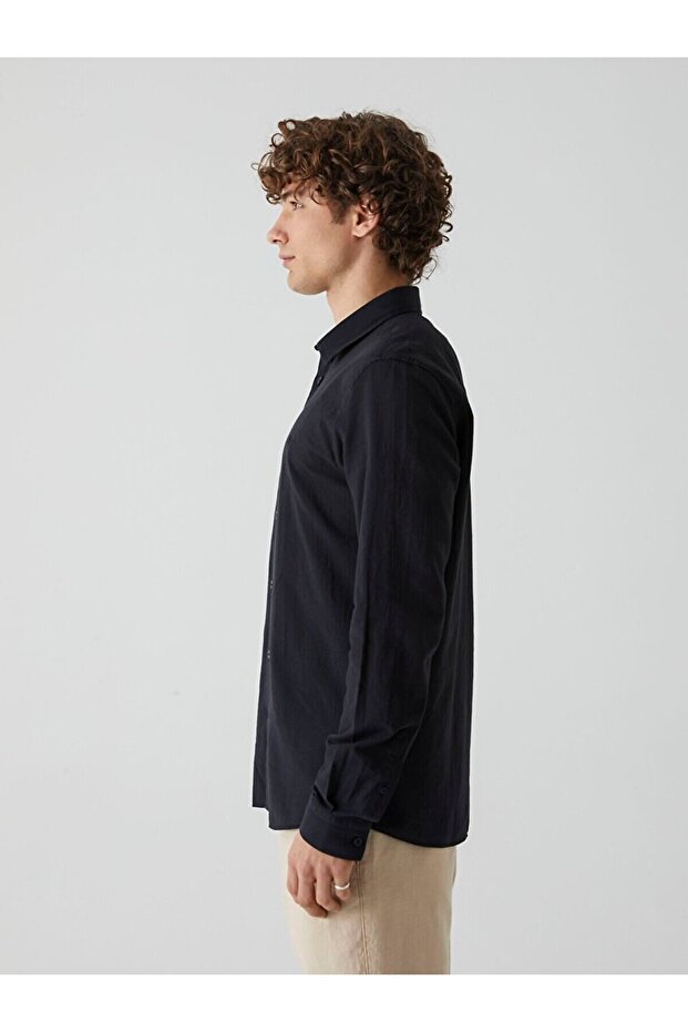 Basıc Keten Görünümlü Regular Uzun Kollu Siyah Gömlek - 4