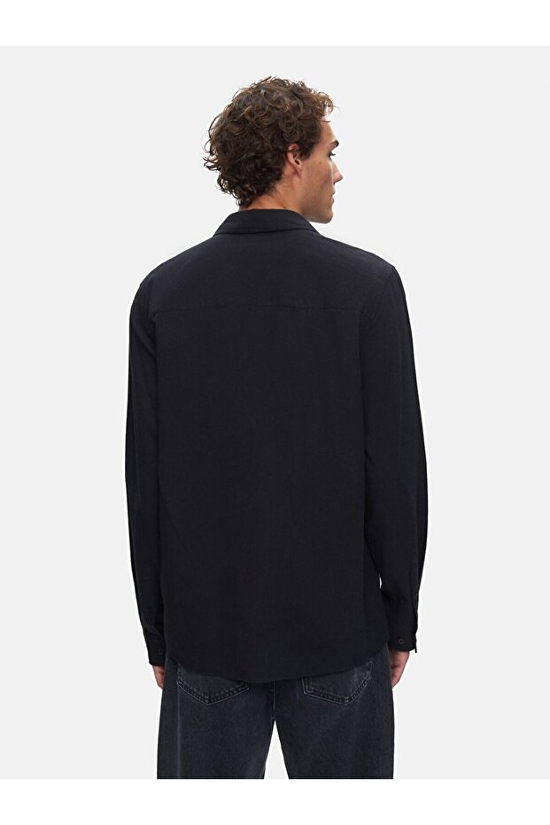 Basıc Keten Görünümlü Regular Uzun Kollu Siyah Gömlek - 3