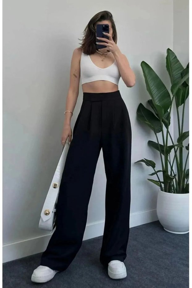 Black Velcro Palazzo High-Waist Adjustable-Waist Wide-Leg puqaq