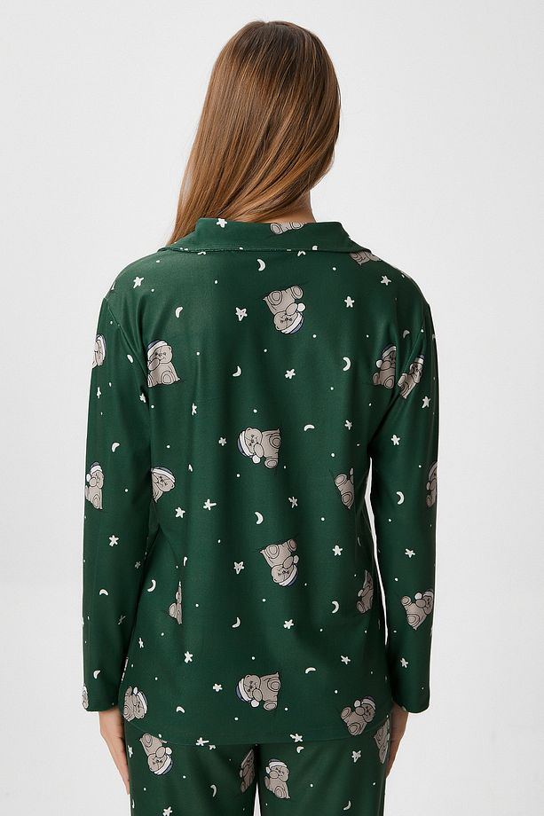 Kadın Nora Premium Yeşil Ayıcık Süet Doku Düğmeli Yılbaşı Pijama Takımı - 6