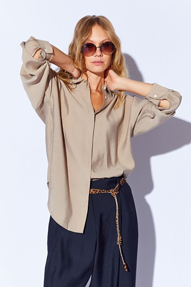 Toprak Modal Soft Textured Oversized Women's Shirt with Hidden Button Detail | Mks168262-01