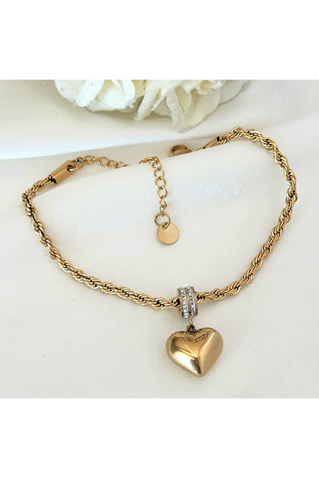 Zircon Stone Heart Charmli Steel Twist Bracelet