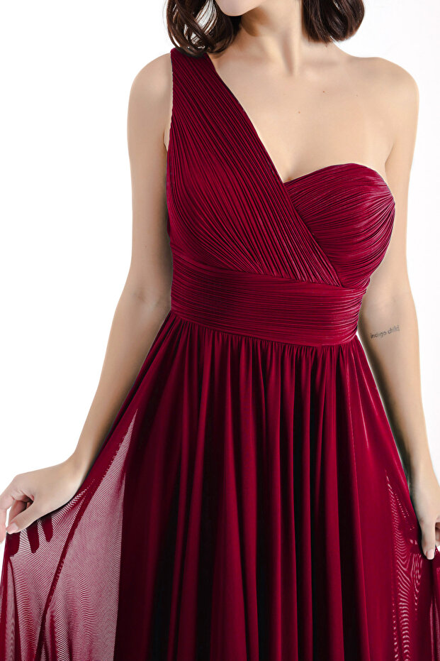 Rochie de seară lungă de damă bordeaux cu un umăr - 4