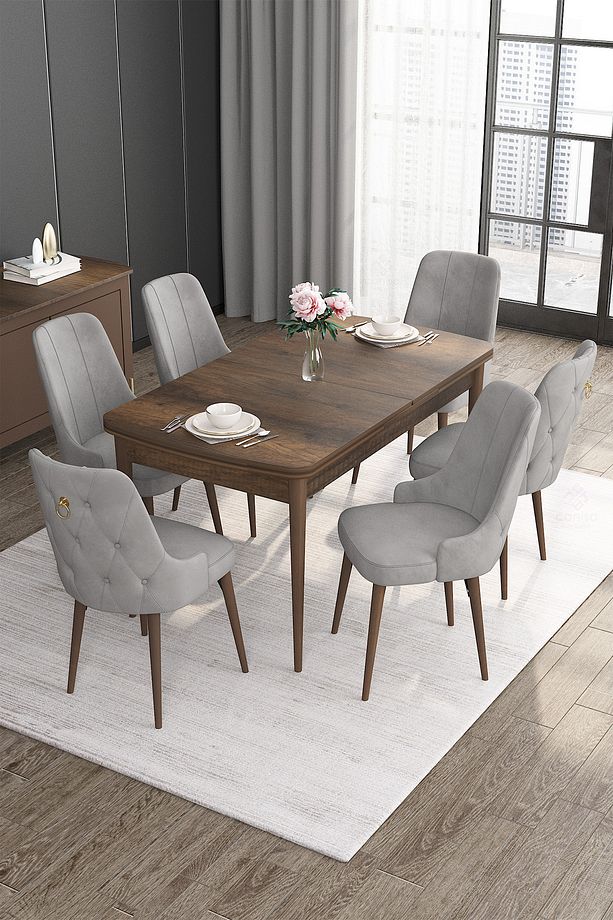Noa Serisi 80x132 Açılabilir Mdf Barok Ahşap Desen Masa Takımı Ve 6 Gri Sandalye - 1