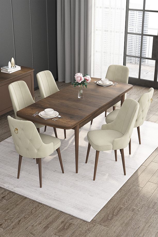 Noa Serisi 80x132 Açılabilir Mdf Barok Ahşap Desen Masa Takımı Ve 6 Krem Sandalye - 2