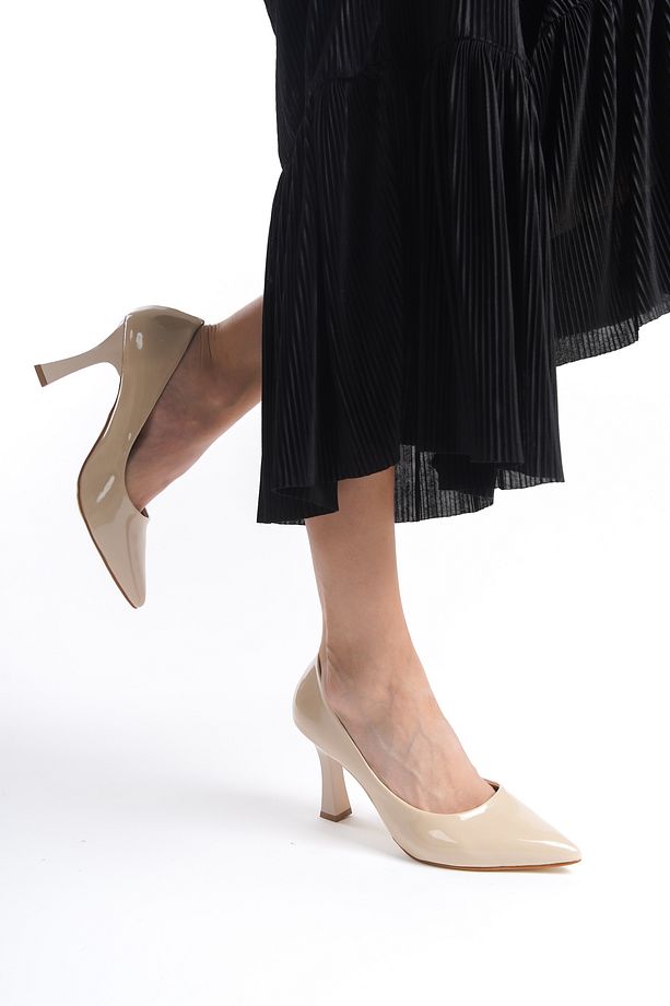 Kadın Topuklu Ayakkabı - Yüksek Topuklu Stiletto Rahat Şık ve Iş Ayakkabısı Bej Renk Rugan 9 Cm - 3