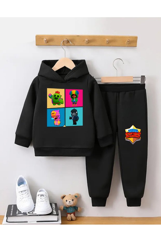 Children's Brawl Stars Printed 100% Cotton Hooded Bottom-Top Tracksuit Set