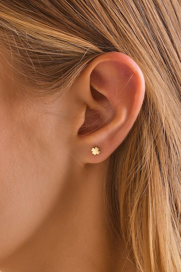 14 Ayar Altın Tragus Küpe Yonca Vidalı - 5