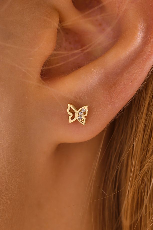 14 Ayar Altın Tragus Küpe Kelebek Vidalı - 1