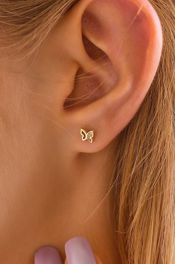 14 Ayar Altın Tragus Küpe Kelebek Vidalı - 4