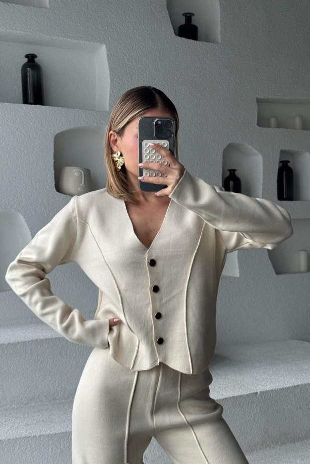 Women's Stylish Striped Detailed Vest Cardigan Palazzo Pants Top and Bottom Double Knitwear Set - Ecru