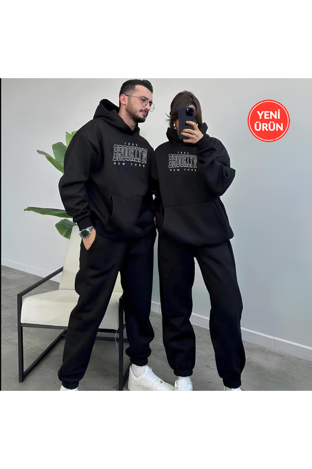 Three Thread Brooklyn Detailed Couple Lover Combination Oversize Hooded Sweatshirt and Sweatpants Set 2 Sets