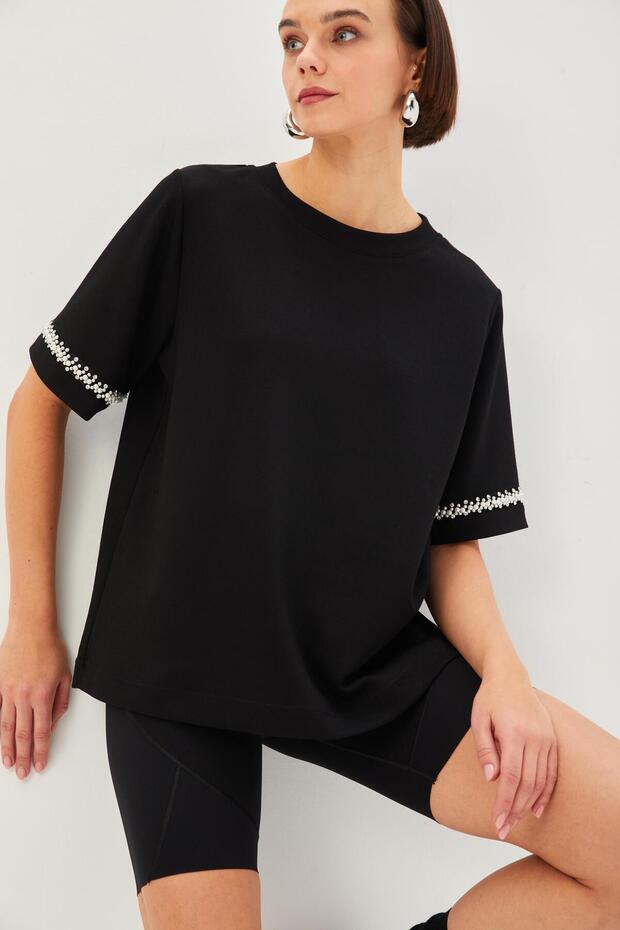 Bisiklet Yaka Taş İşlemeli Regular Örme Tişört - 1