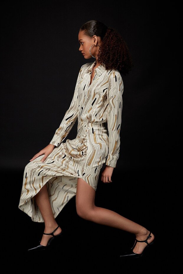 Draped Patterned Slit Beige Skirt - 1