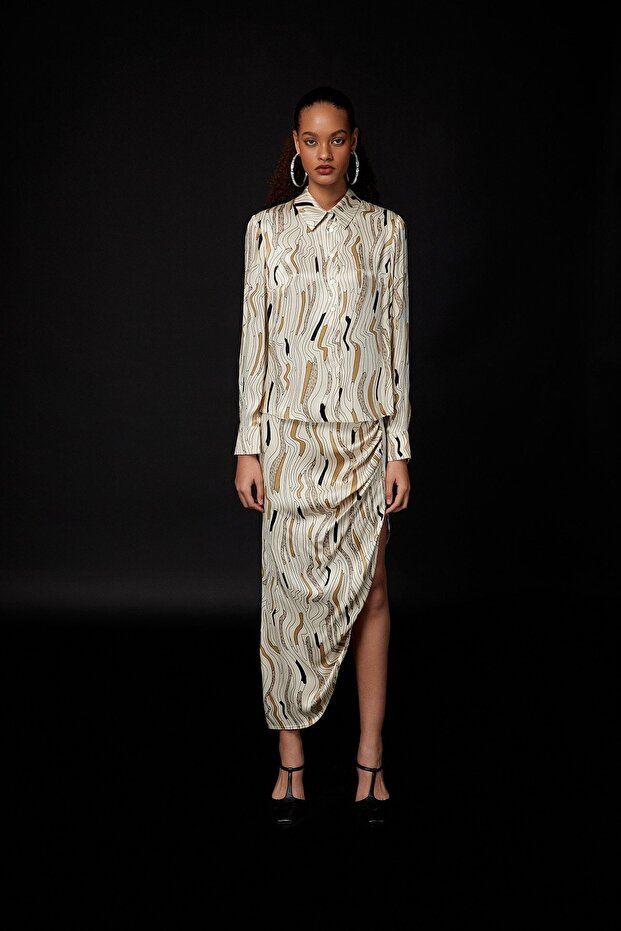 Draped Patterned Slit Beige Skirt - 2